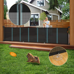 AMAZKRUS 140-inch retractable gate extended across a doorway for wide openings.