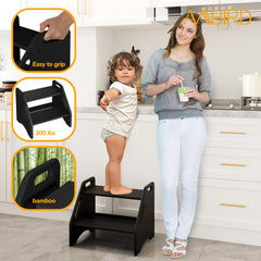 AMBIRD wooden step stool diagonal front displays sturdy bamboo construction