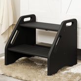 AMBIRD wooden step stool dual-height top view showing easy reach to high shelves