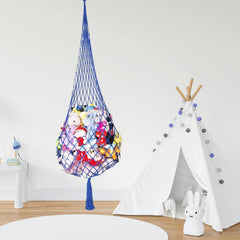 Amdermi macrame hanging net for plush storage with fringe, ideal for small spaces.