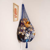 Amdermi blue XL stuffed animal storage hammock front view for neat plush display