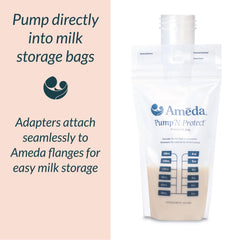 Ameda bag adapters enabling direct pumping into milk storage bags.