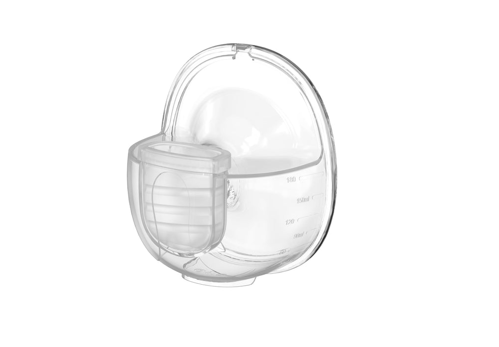 Ameda GLO collection cup front view highlighting 6 oz capacity for milk collection.