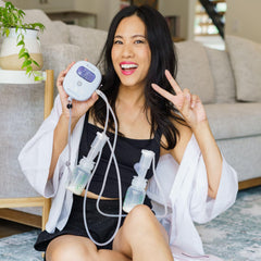 Ameda Mya Joy Plus pump paired with a pumping bra for hands-free use