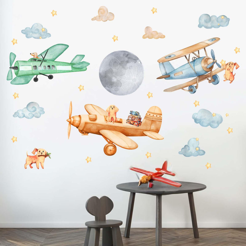 Amimagen airplane decals with puppies brighten nurseries and are repositionable.