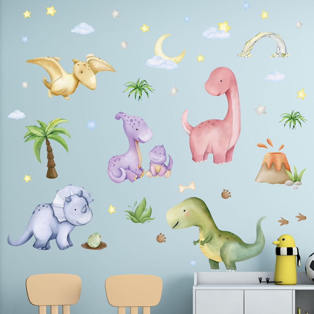 Amimagen dinosaur wall decals in a volcano cave scene, ideal for safe nursery decor.