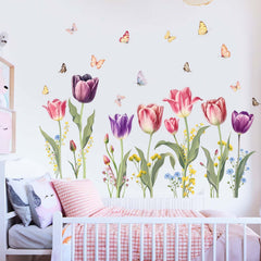 Amimagen pink and purple tulips invite calming decor above a crib or bed.