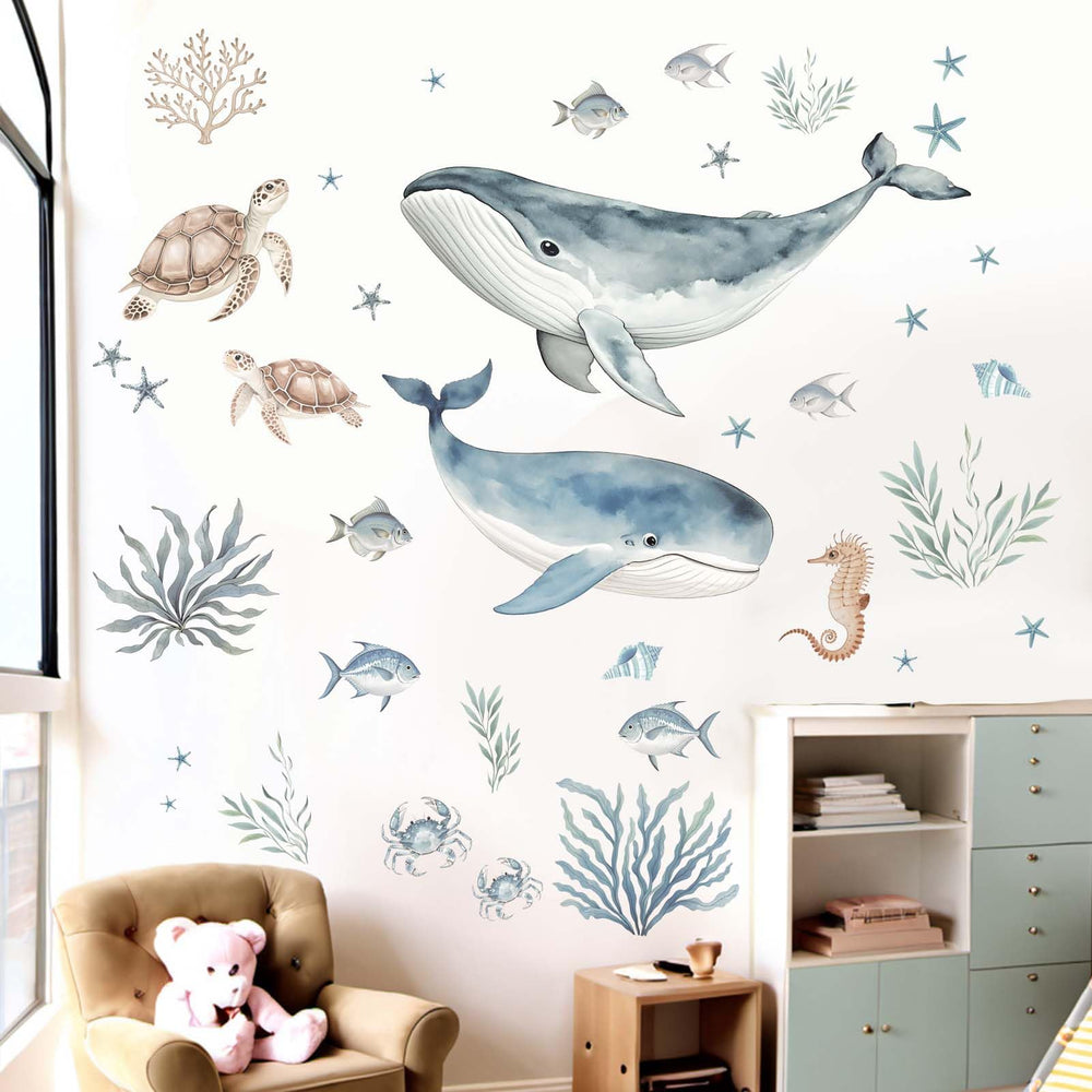 Amimagen whale wall sticker with turtle creating a playful undersea nursery scene