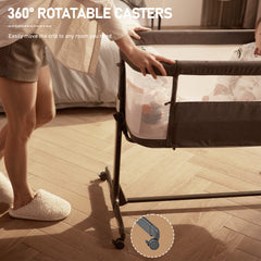 AMKE baby bassinet bedside sleeper six-height adjustments beside bed.