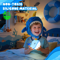 Ammonite Blue Narwhal night light with soft-touch silicone for safe use