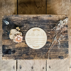 AMOS and SAWYER Hello World Leaf Sign used as nursery decor and birth announcement prop
