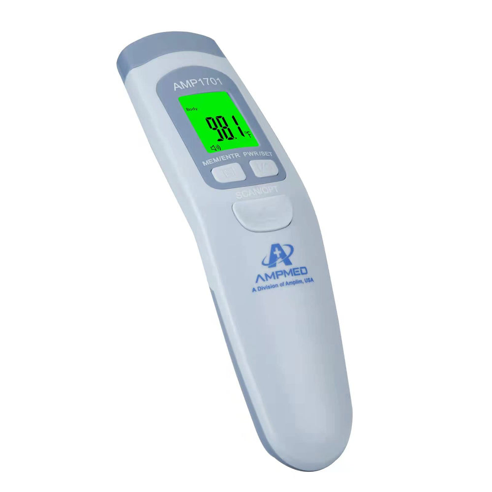 Amplim AmpMed forehead thermometer on table for quick, non-contact readings.