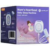 Amplim heartbeat sound machine clipped to crib for soothing newborns at bedtime
