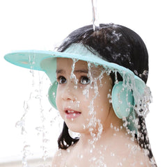 AMTOOCH Kids Shower Cap waterproof blue shields eyes during bath time.