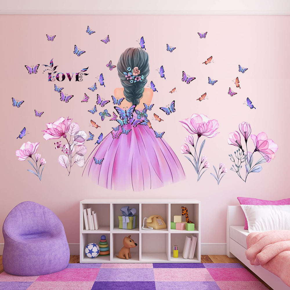 Amtoodopin butterfly girl wall sticker on a girl's nursery wall.