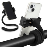 Amylove stroller phone holder clip in black close-up showing secure grip.