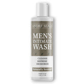 Andre Seals Intimate Wash bottle close-up showing rich lather for daily freshness.