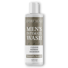 Andre Seals Intimate Wash bottle close-up showing rich lather for daily freshness.