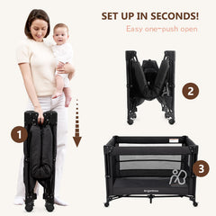 ANGELBLISS adjustable height side panel keeps baby within easy reach.