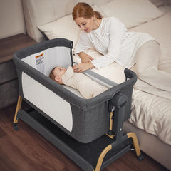 AngelBliss bedside sleeper with 6 height settings for bed compatibility.