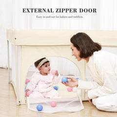 ANGELBLISS foldable playpen with mesh walls offers clear visibility for supervision.