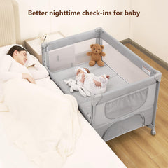 ANGELBLISS adjustable-height side panel supports close baby checks.