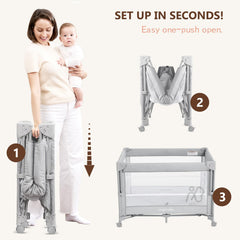 ANGELBLISS breathable mesh playard offers visibility and airflow.