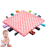 AnjeeIOT Baby Tags Security Blanket pink front view offers comforting tactile play.
