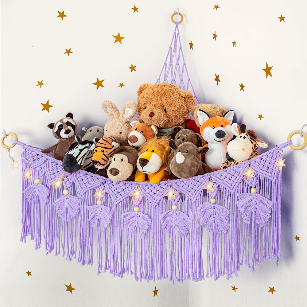 ANROYE macrame stuffed animal storage with star light in purple bear theme for nursery display