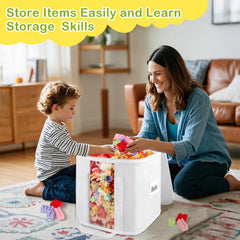 ANROYE bins hold Magnatiles and cars on a cubby shelf.