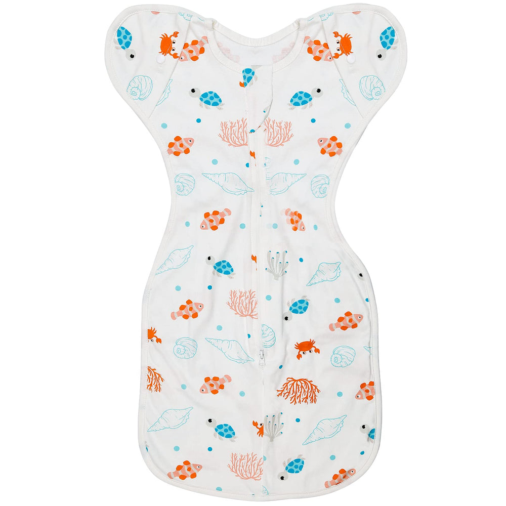 ANYEDDE Underwater World swaddle sleep sack front view showing soft cotton fabric for gentle newborn comfort