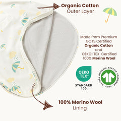AnZai Merino Sleep Sack upper view shows organic cotton shell, gentle on skin.