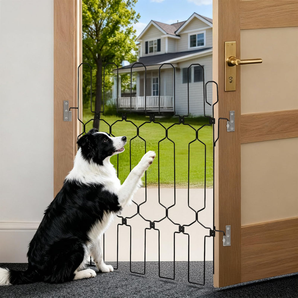 AOFANPET retractable front door gate blocks dog exits safely.