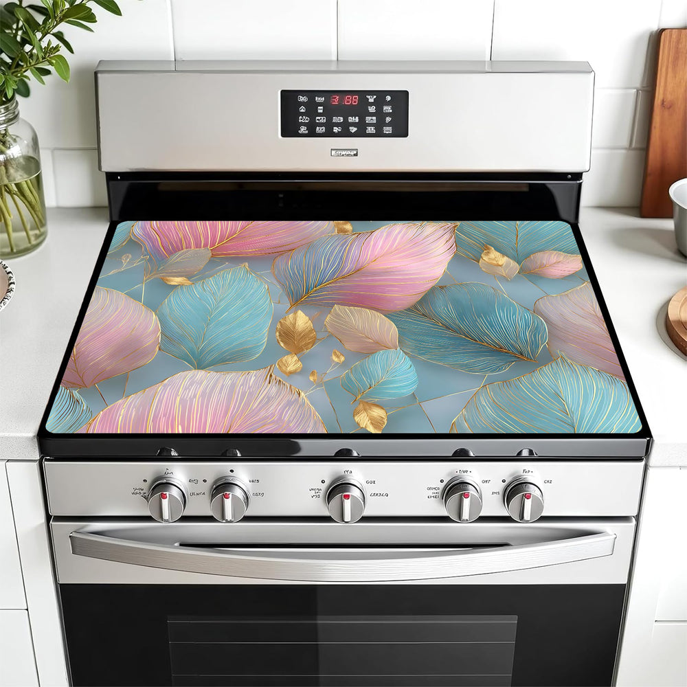 AOHMPT multi-pattern stove top cover on a stove, protecting the surface with style