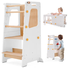 Aokkto 4-in-1 toddler kitchen tower front view, sturdy wood for safe counter participation.