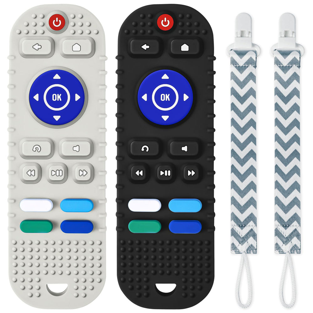 Aolso remote teether in black, safe silicone for soothing gums.