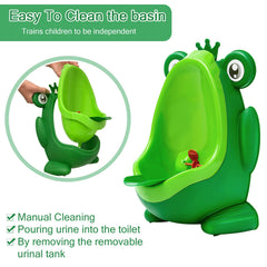 A frog with a rotating windmill design to attract kid’s attention during use.