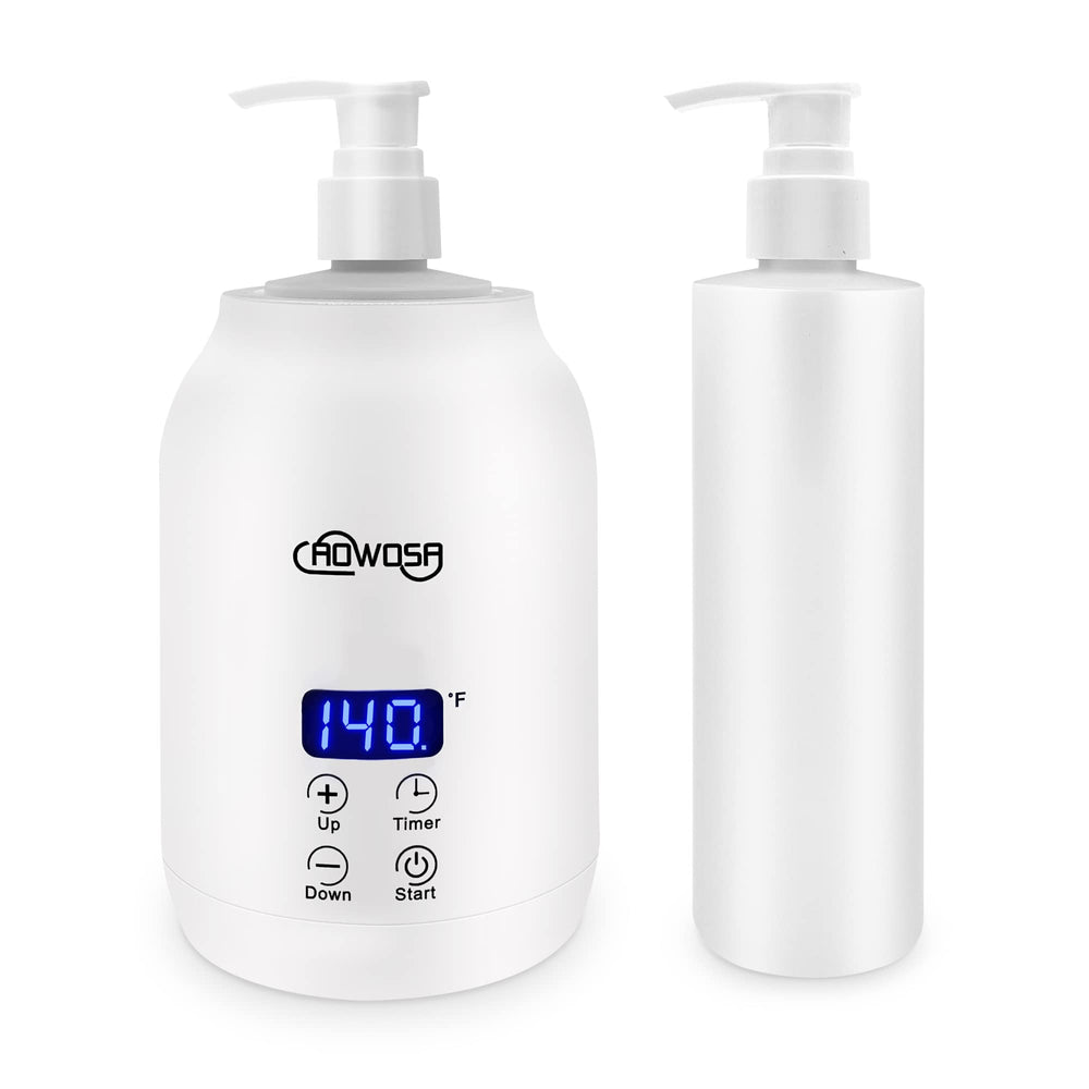 AOWOSA massage oil warmer bottle front view enhances spa ambiance with warm oils.