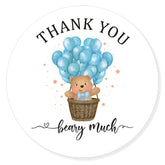 aPamr blue bear balloon thank you labels ready for party favors