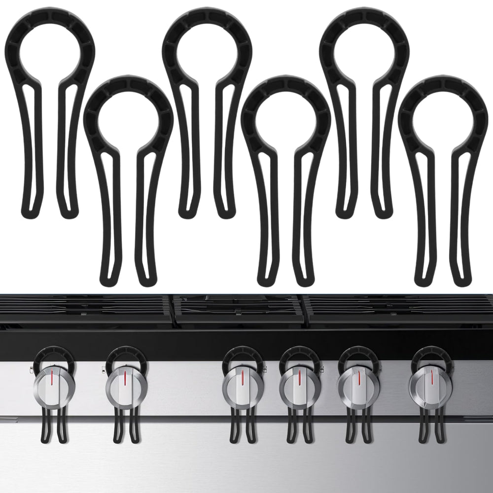 Aphrordity stove knob lock installed on a gas stove to prevent accidental activation.