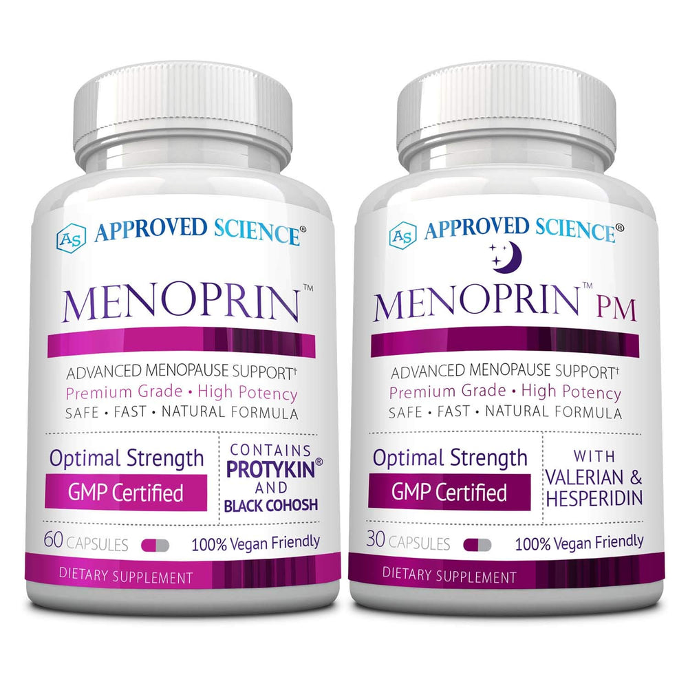 Approved Science Menoprin Day bottle on display for daily menopause support.