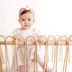 AQOKKA baby flower headband lavender; soft fabric suits delicate skin and adds charm.