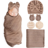 AQOKKA newborn receiving blanket with bow hat and mittens in wheat design for cozy swaddling.