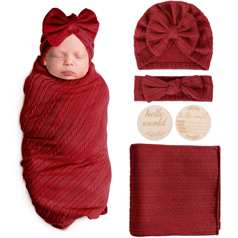 AQOKKA newborn receiving blanket with bow hat, soft and breathable for cozy swaddling.