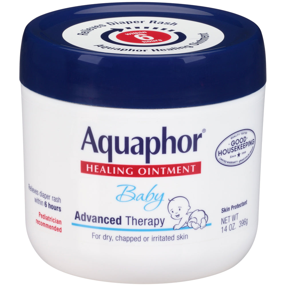 Aquaphor Baby Healing Ointment bottle provides gentle skin protection and fast relief.