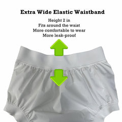 AQX noiseless plastic pants shown for discreet wear with minimal rustle.