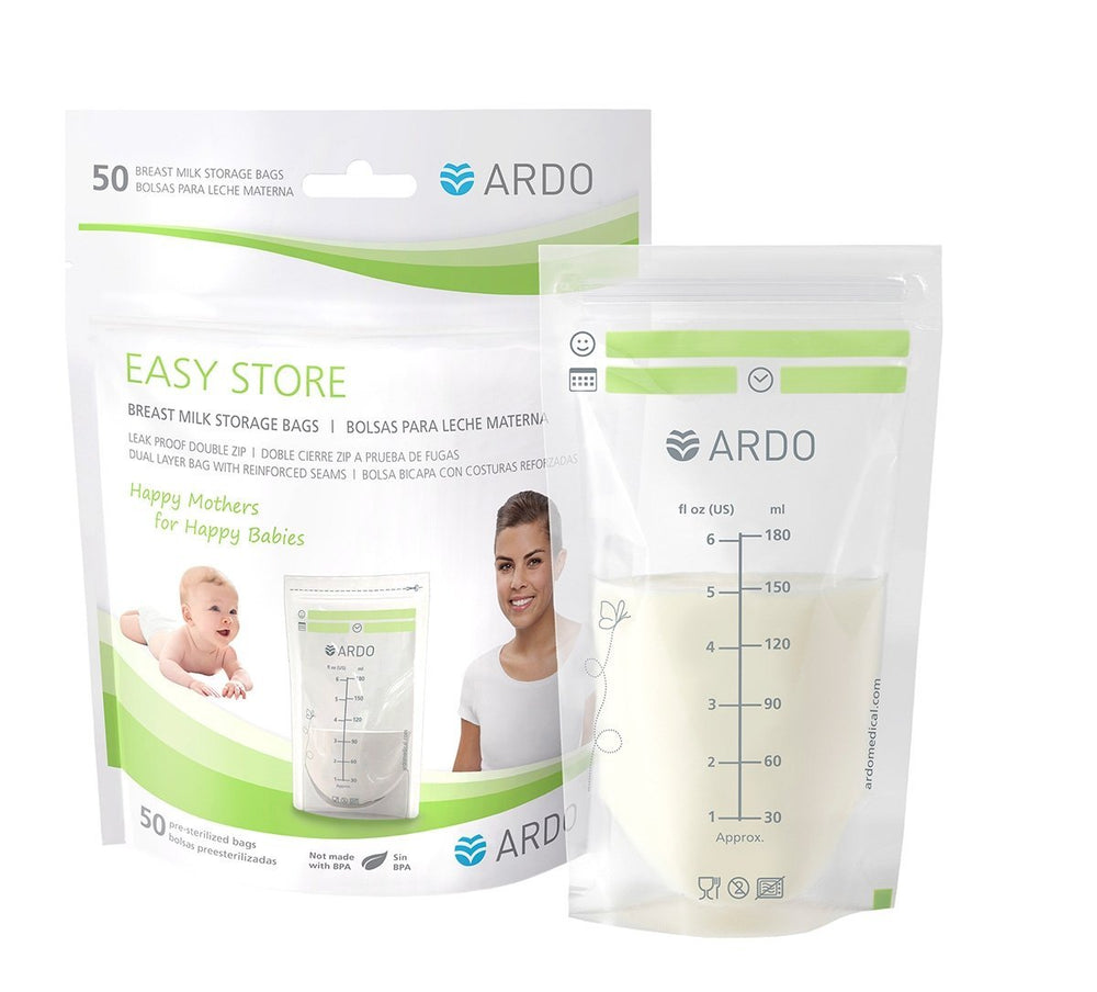 ARDO Easy Store 180ml breast milk bag front view with readable scale for portioning