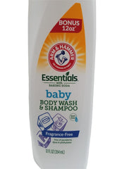 Arm & Hammer Essentials Baby Body Wash fragrance-free label highlighting sensitive skin.