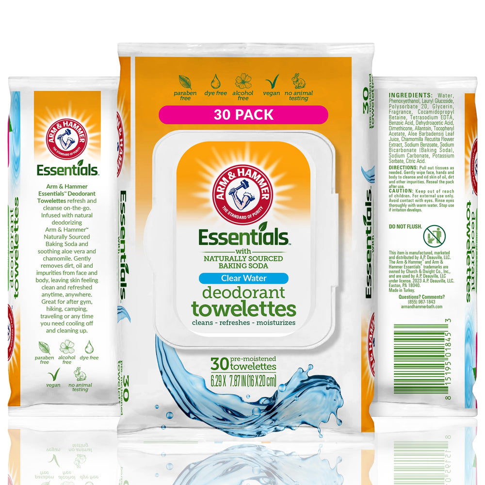Arm & Hammer face and body wipes with aloe for refreshing cleansing on the go.