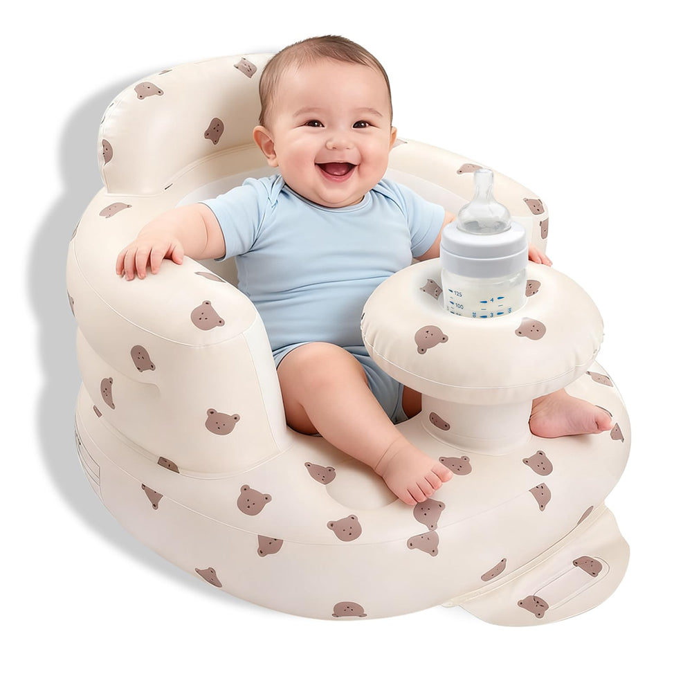 Arscniek inflatable baby seat with bear head pump for quick setup.